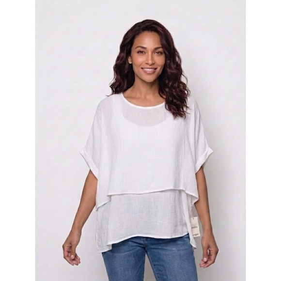 Umgee Tops - Umgee White Layered Gauze Tunic Top Boho Oversized Short Sleeve Medium NEW